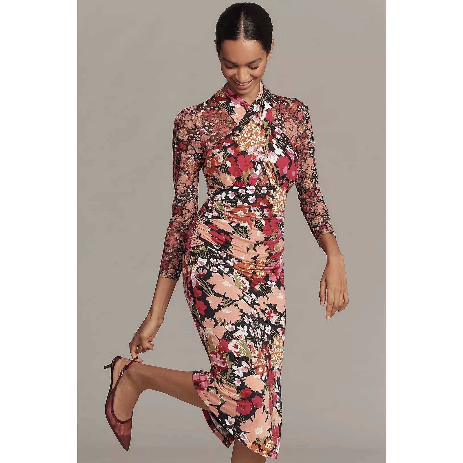 New Anthropologie Long-Sleeve Halter Mesh Midi Dress $168 SMALL Multi Floral New Anthropologie Long-Sleeve Halter Mesh Midi Dress $168 SMALL Multi Floral