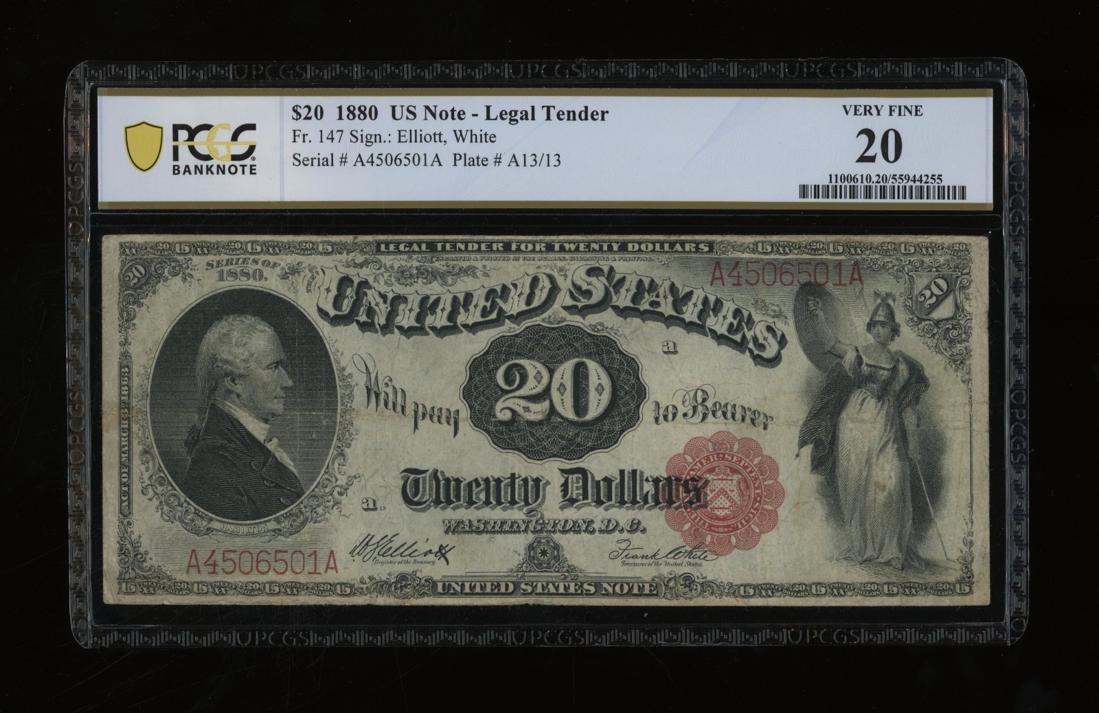 DBR 1880 $20 Legal Tender Red Seal Fr. 147 PCGS-B VF-20 Serial A4506501A DBR 1880 $20 Legal Tender Red Seal Fr. 147 PCGS-B VF-20 Serial A4506501A