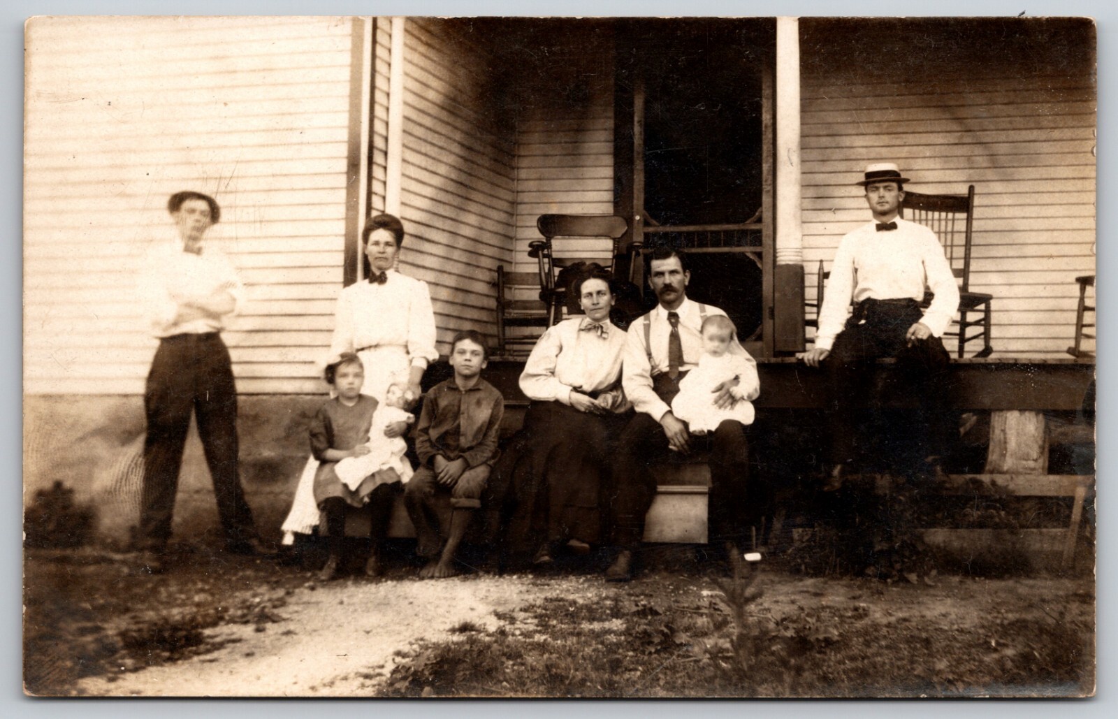 RPPC Group On and Around Porch Steps Real Photo 1907-1918 Postcard