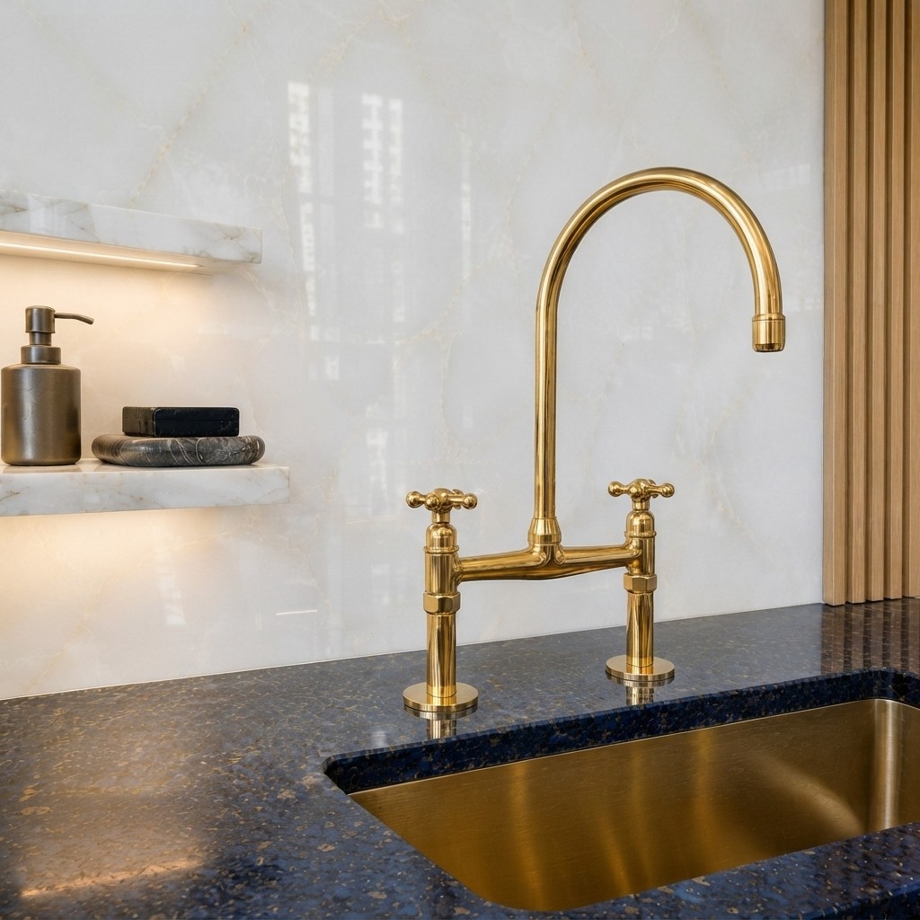 Unlacquered Solid Brass Bridge Kitchen Faucet 8\