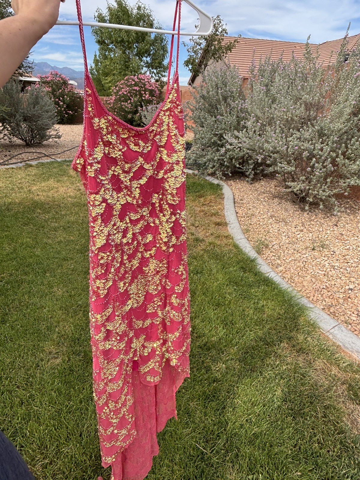Vintage Y2K Large Cache Fairy Pink Scalloped Mermaid Maxi Sequin Dress Vintage Y2K Large Cache Fairy Pink Scalloped Mermaid Maxi Sequin Dress