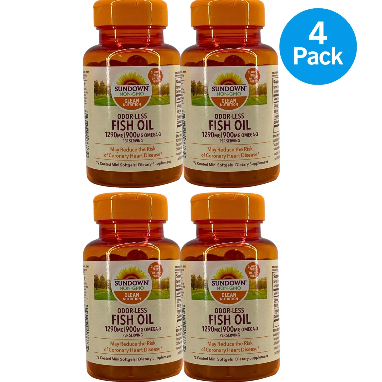 Sundown Non-GMO Odor-Less Fish Oil 1290mg Omega-3 900mg 72 Softgels 4 Pack New Sundown Non-GMO Odor-Less Fish Oil 1290mg Omega-3 900mg 72 Softgels 4 Pack New