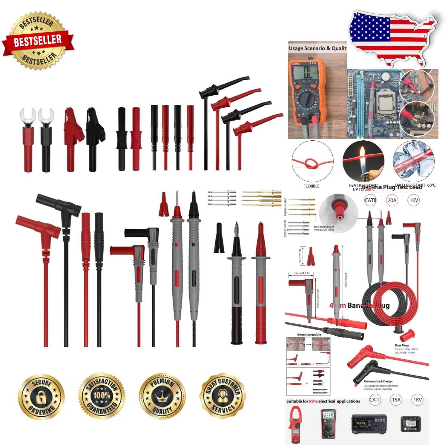 Pro 29PC Multimeter Leads Kit - CAT III 1000V, Silicone, Alligator Clips Pro 29PC Multimeter Leads Kit - CAT III 1000V, Silicone, Alligator Clips