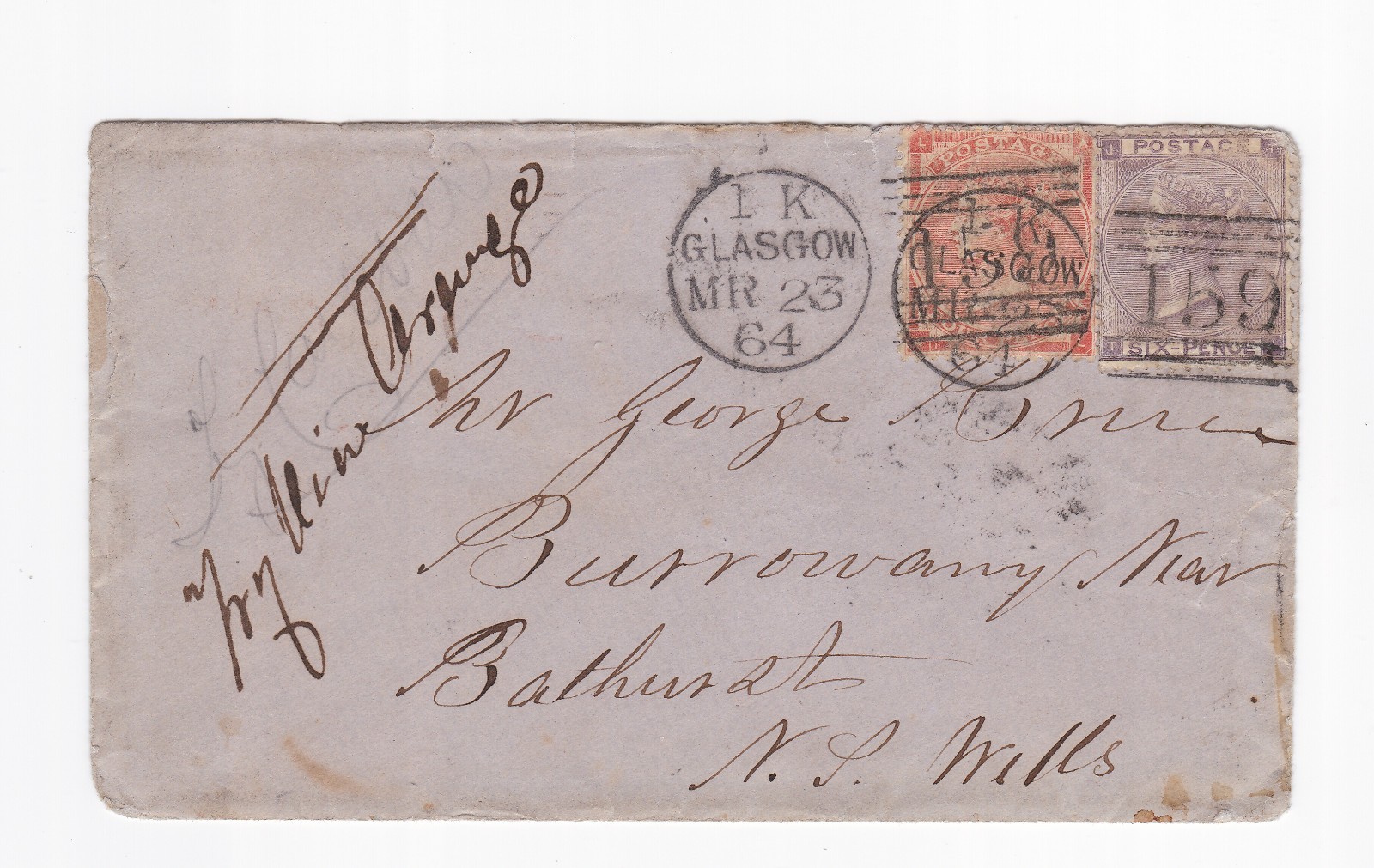 1864 QV 4d RED + 6d LILAC STAMP ON RARE COVER TO NINE ORANGES BURROWANG NSW AUST