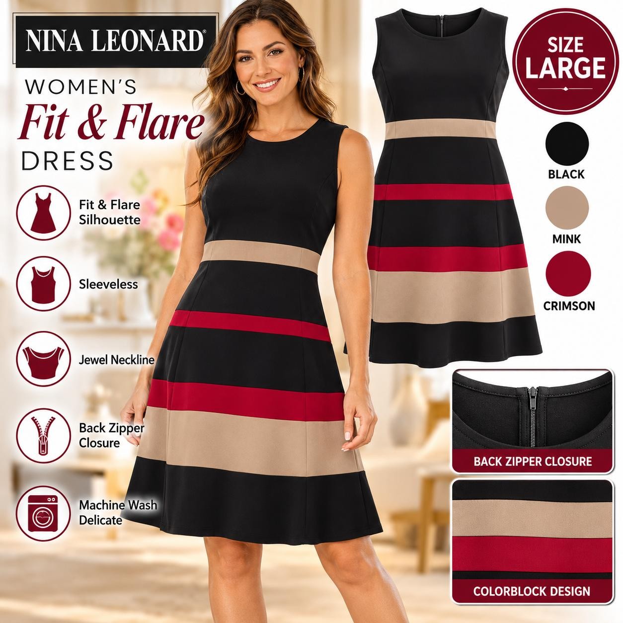 Nina Leonard Women\'s Dress Large Black Mink Crimson Colorblock Fit & Flare