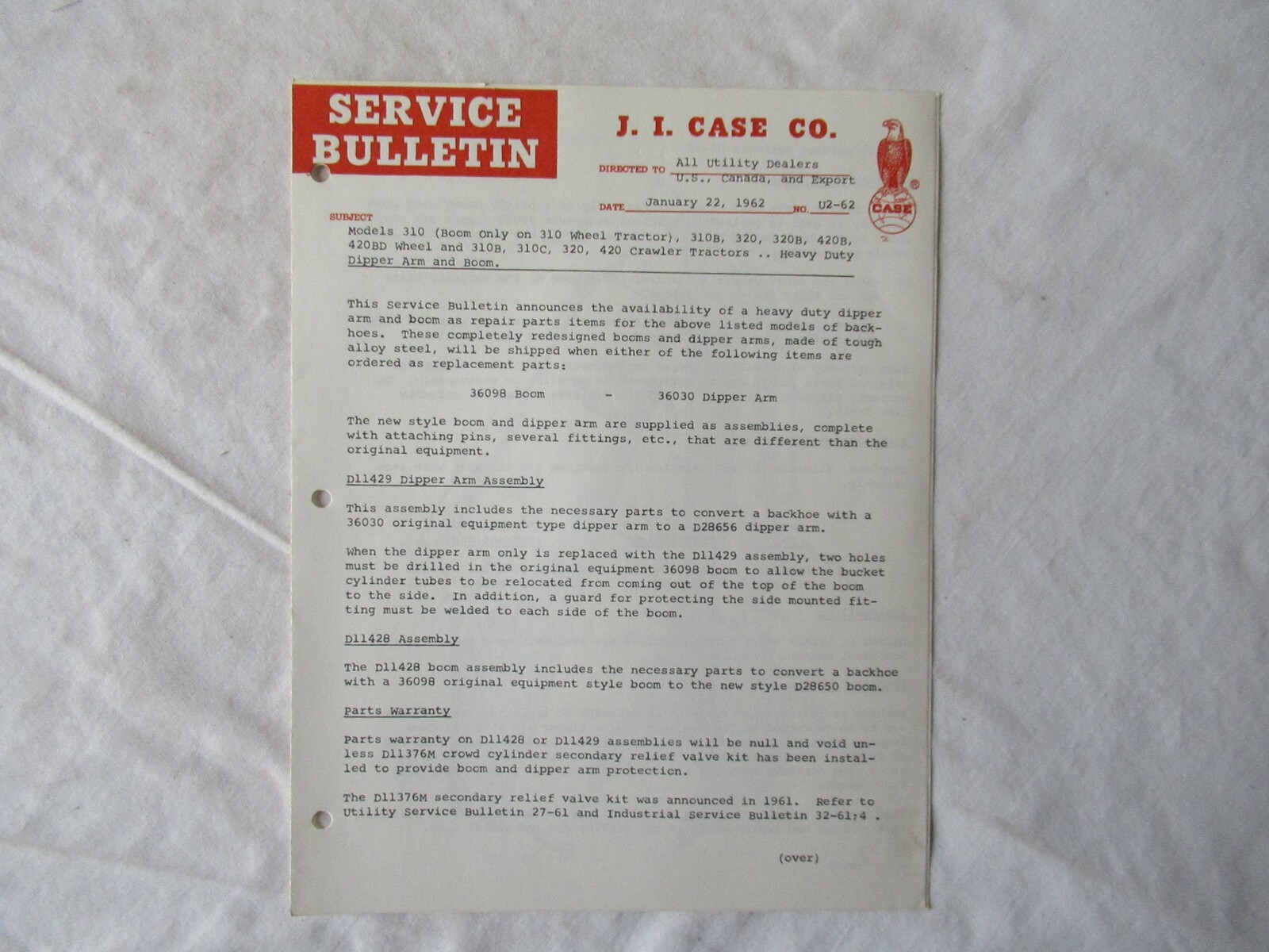 1962 J.I. Case 310 320 420 310E 310C 320B tractor service bulletin brochure 1962 J.I. Case 310 320 420 310E 310C 320B tractor service bulletin brochure
