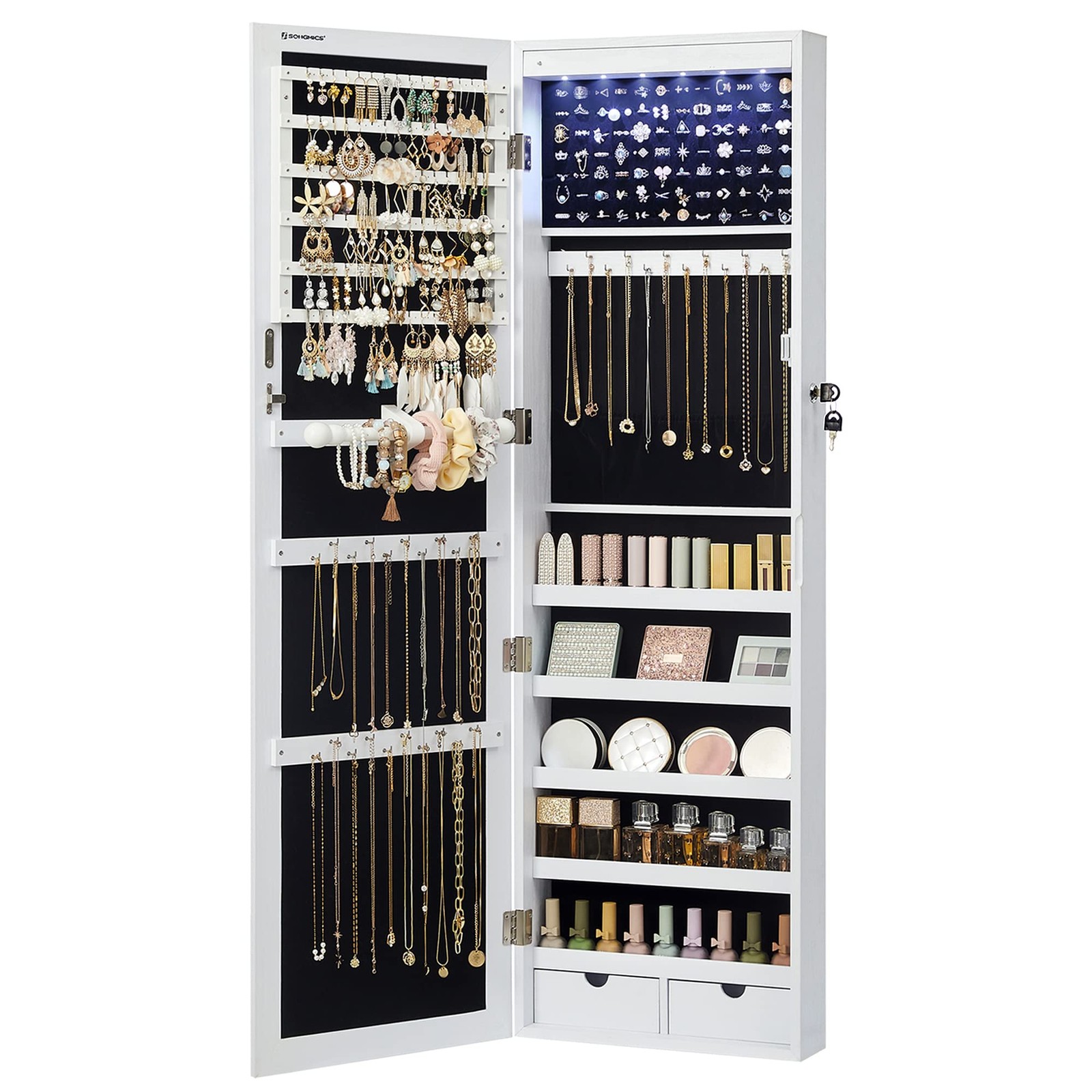 Lockable Jewelry Cabinet with Mirror | 47.2-Inch Tall | 2 Drawers | White