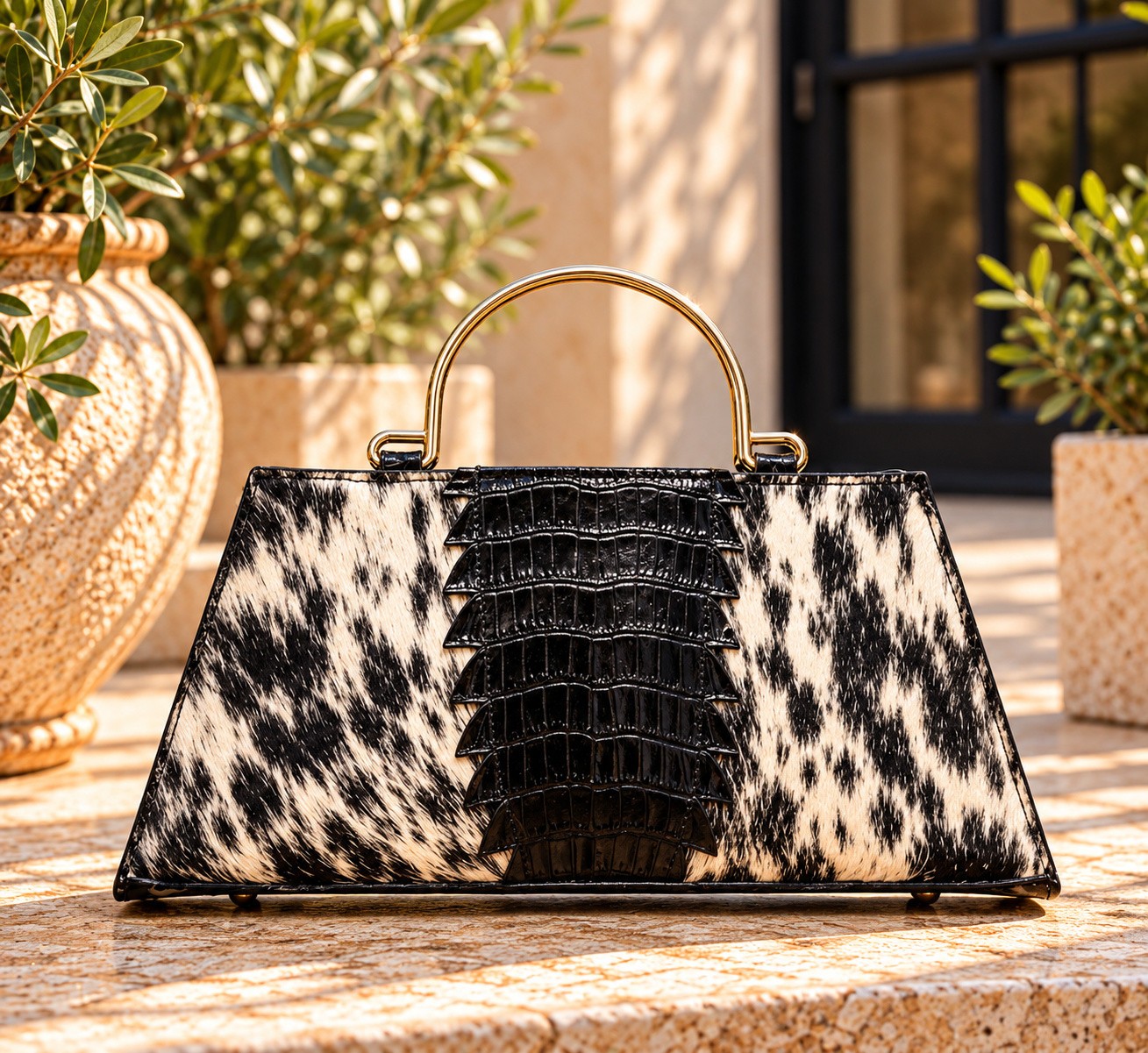 Genuine Cowhide Top Handle Bag, Black & White Hair on Hide Purse, Croc Embossed 