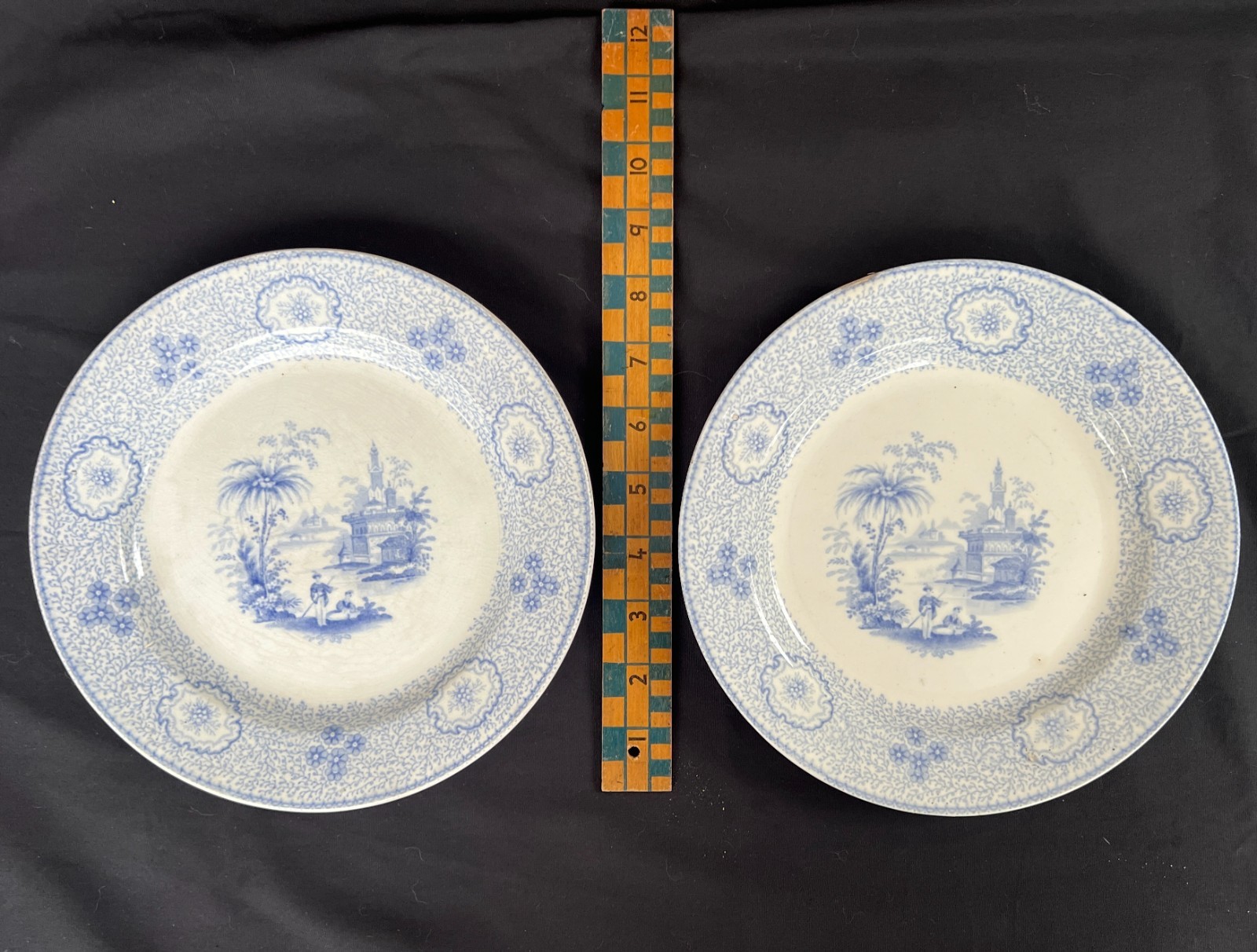 Antique J. Wedgwood Singanese Pattern Plates c.1850 Blue Transferware Lot of 2