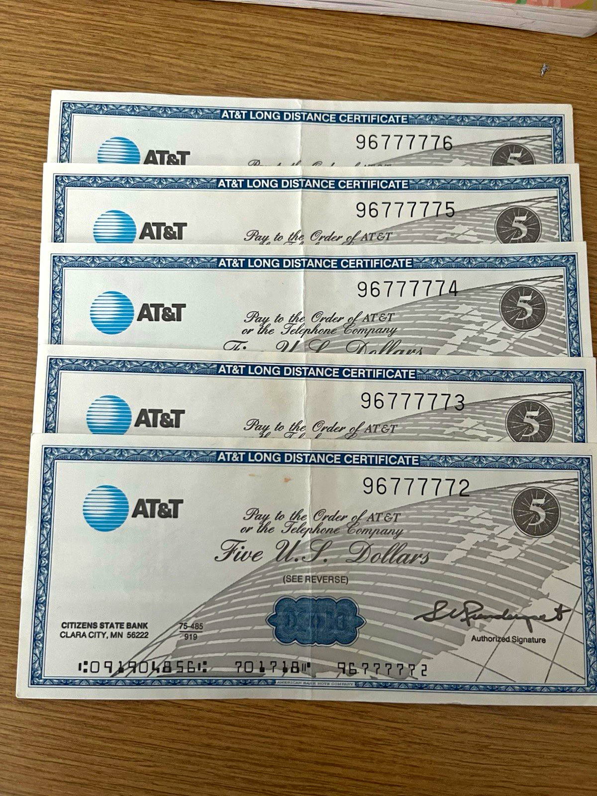 Vtg AT&T $5 Long Distance Certificates Consecutive Serial Numbers Set of 5
