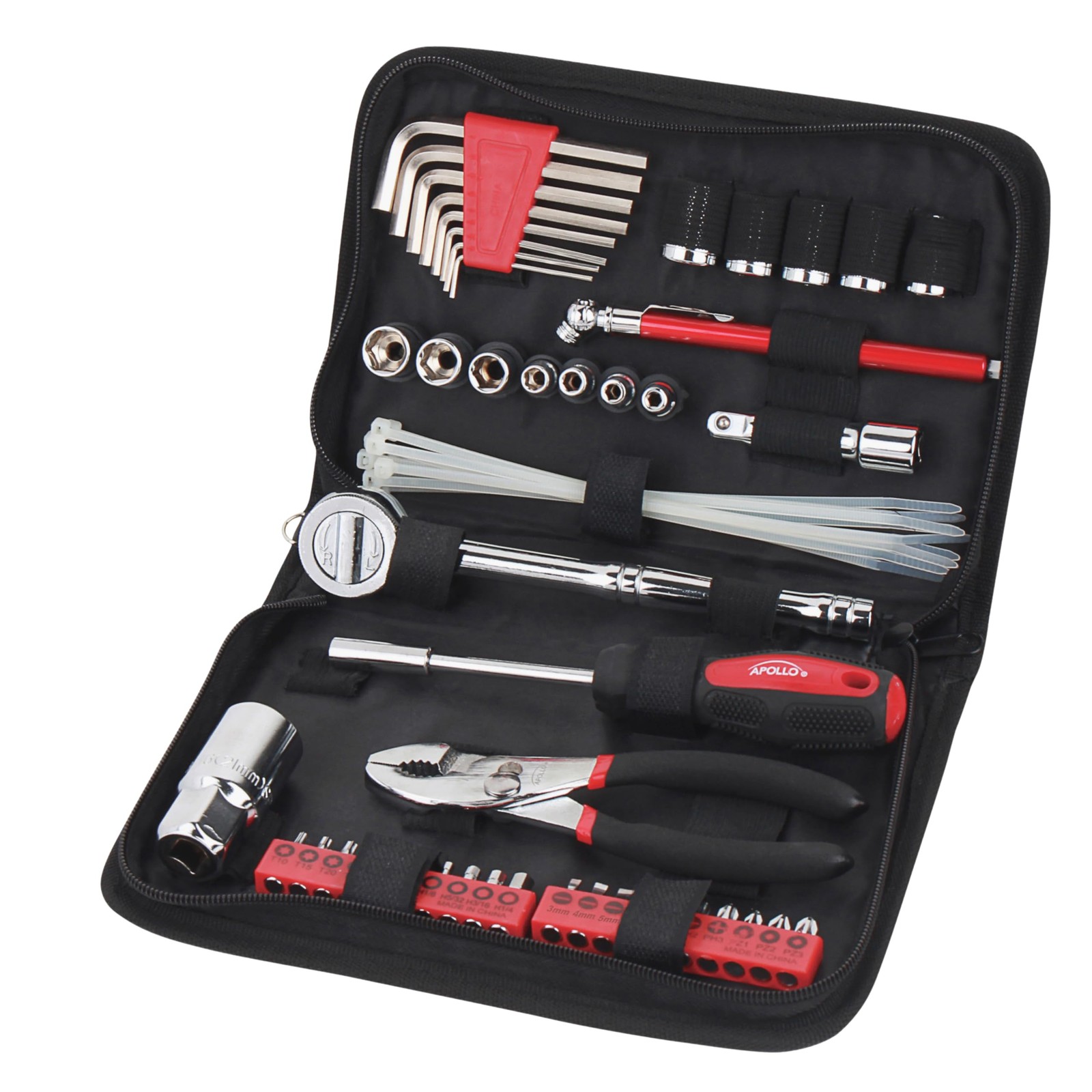 Apollo Tools 56 Piece Compact SAE Auto Tool Set in Zippered 56 Piece, Red