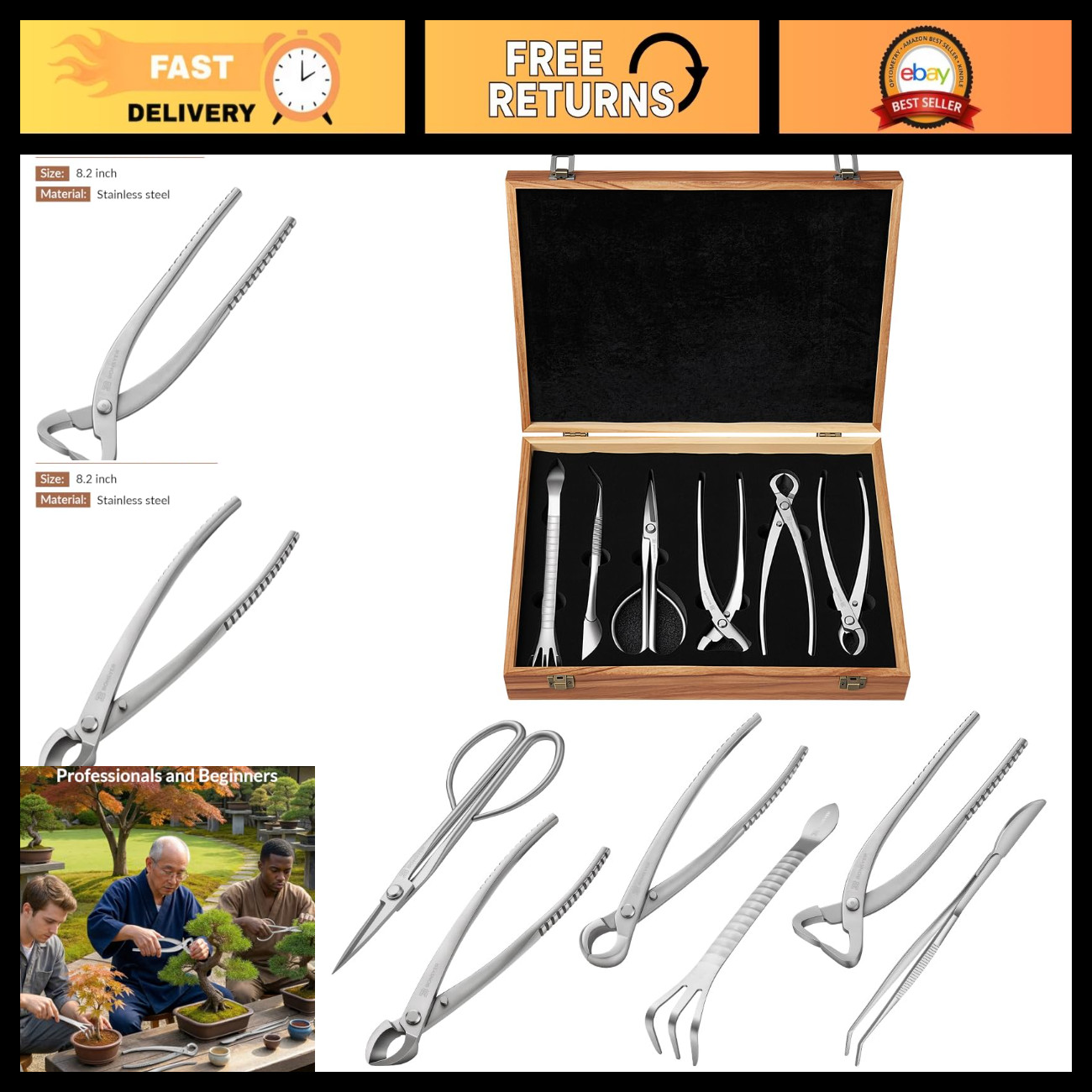 6PCS Bonsai Tool Set in Wooden Gift Box, Stainless Steel Gardening Tools