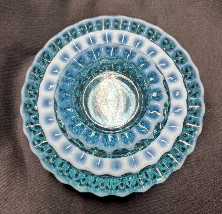 Vintage Fenton Blue Opalescence Hobnail Nested Ashtrays / Trinket Dishes 1978-79