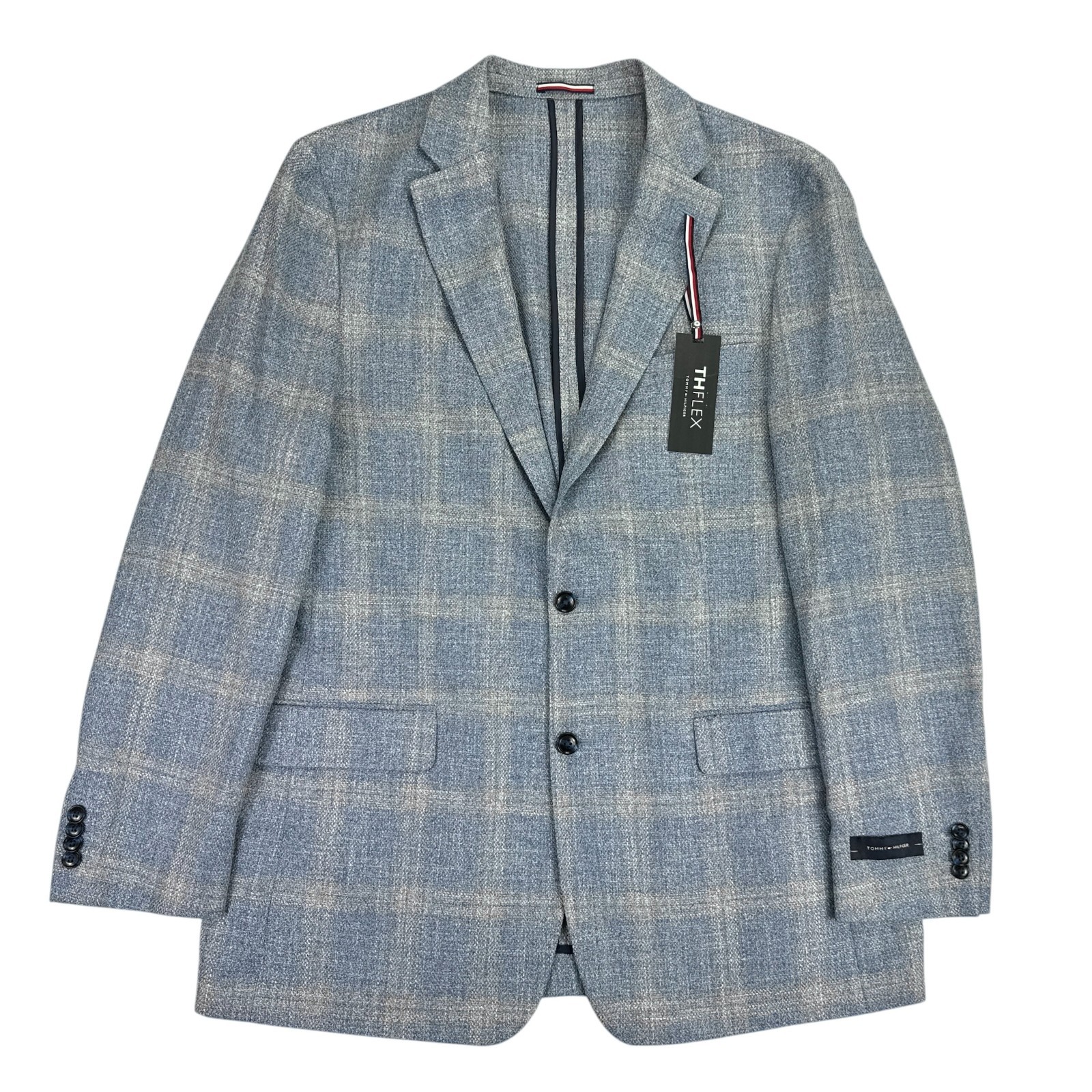 Tommy Hilfiger Mens TH Flex Gene Modern Fit Plaid Sport Coat Light Blue 44L Tommy Hilfiger Mens TH Flex Gene Modern Fit Plaid Sport Coat Light Blue 44L