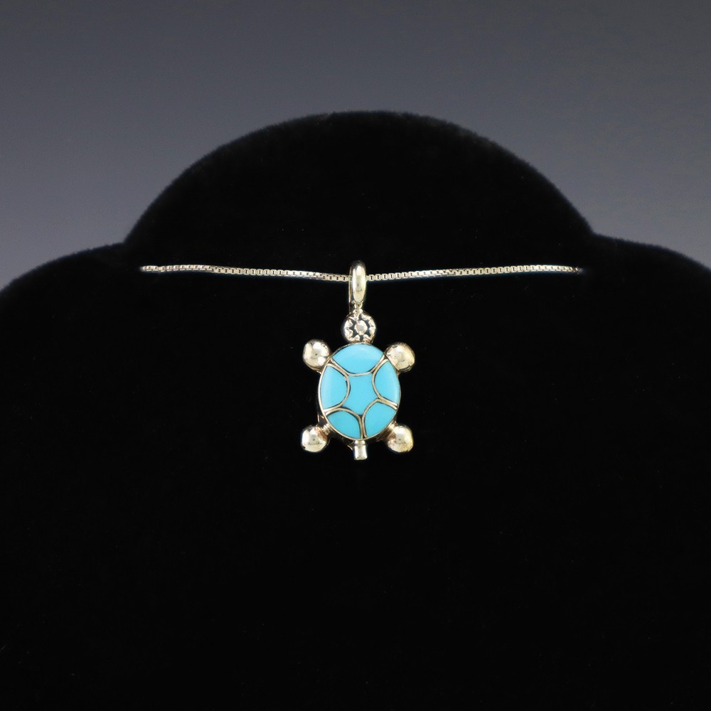 NATIVE AMERICAN ZUNI STERLING SILVER & TURQUOISE TURTLE PENDANT BY REBECCA LALIO