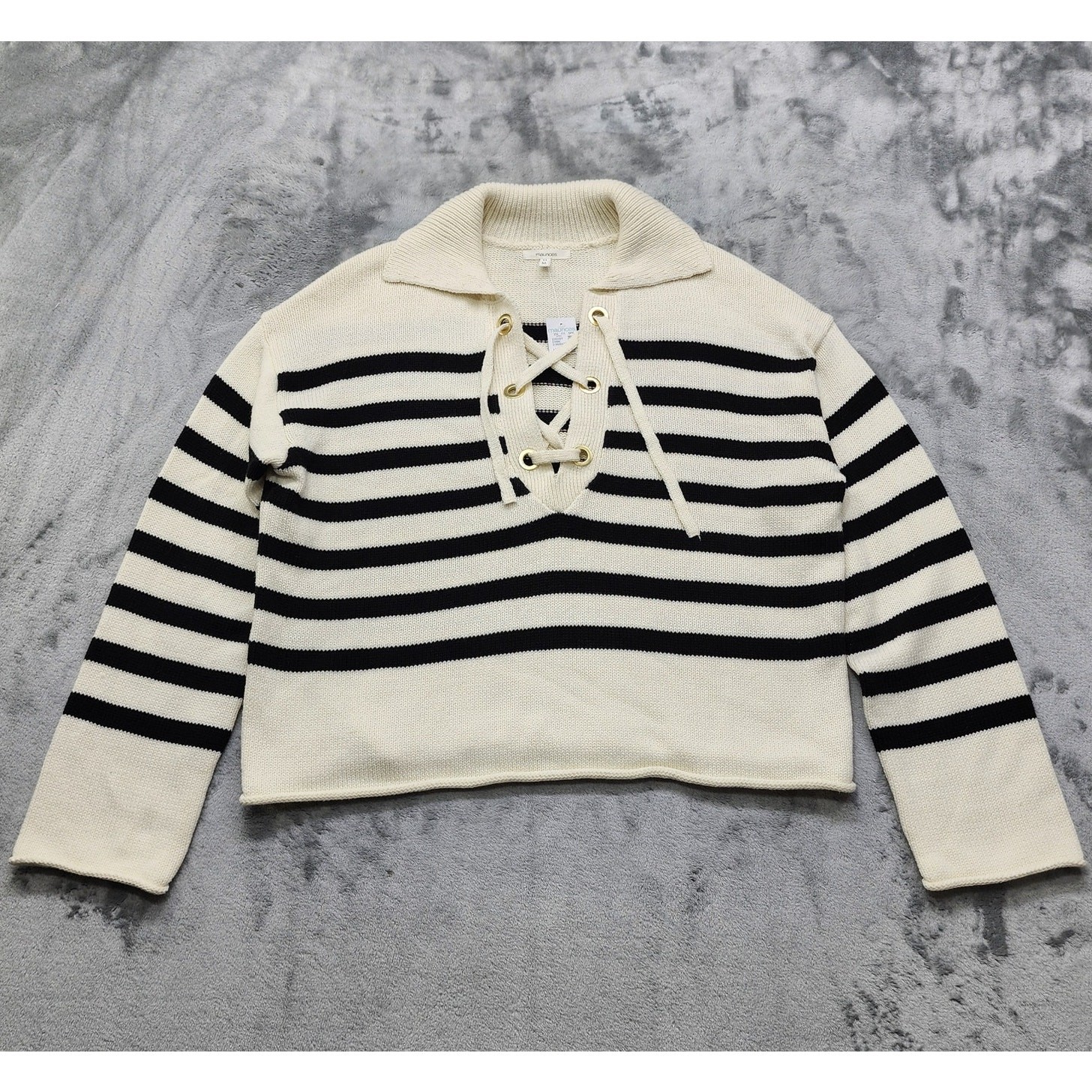 NEW Maurices Sweater Womens M Cream Black Striped Lace Up Collared Pullover