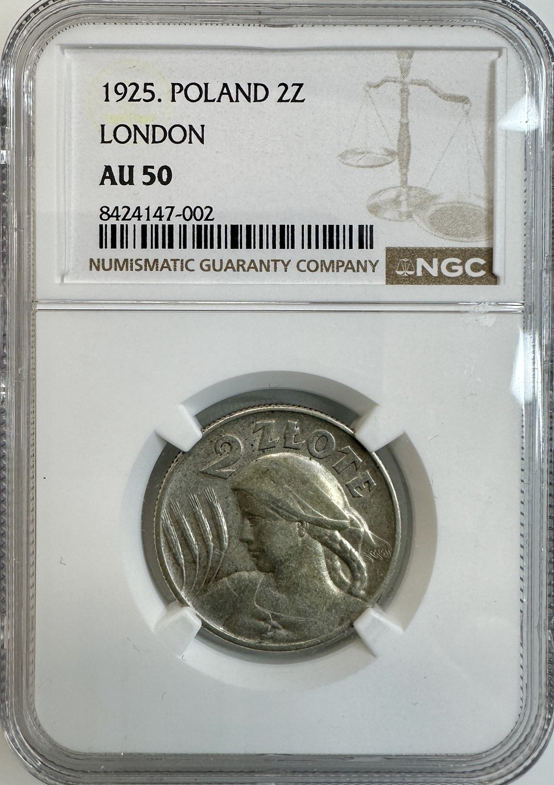 Poland 1925 London 2 Zlotys Silver Woman & Wheat Coin | NGC AU 50 |  Y# 16