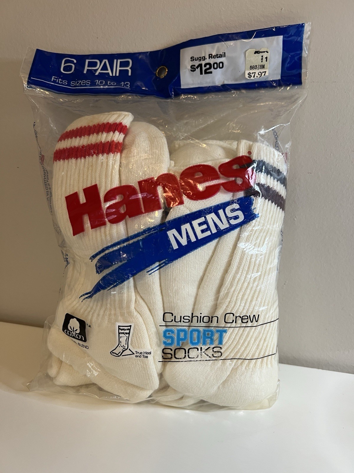 VTG 1990s Hanes 6 Pair Crew Length Tube Socks USA Stripes NOS Cotton