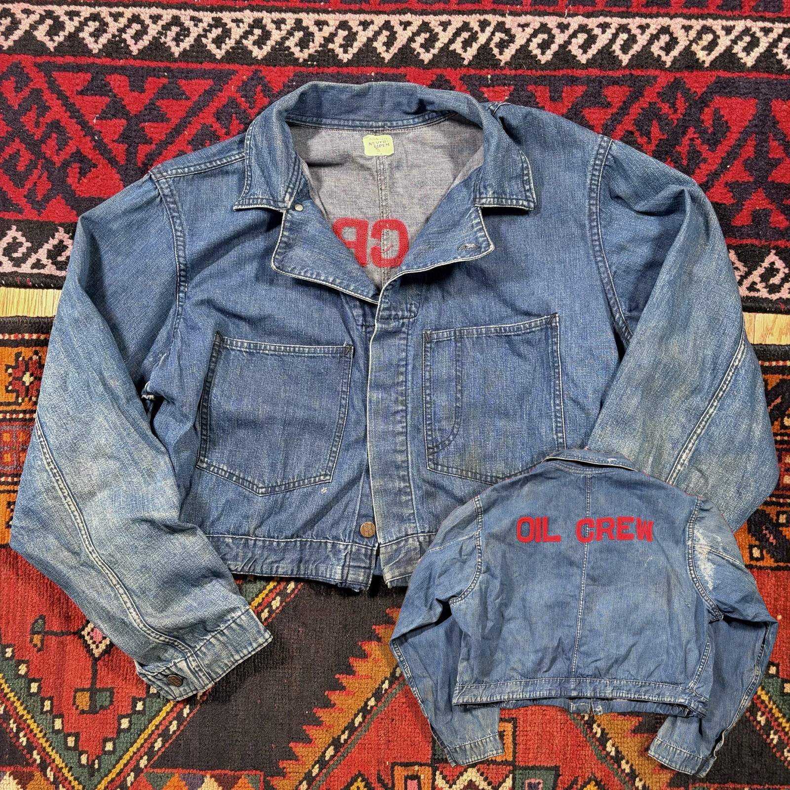 Vintage 1940s 50s Never-Ripum Denim Jacket Cropped Chain-Stitch Custom Sz. 48
