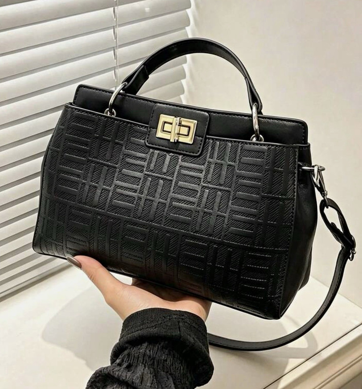 Women’s Small Black Embossed Faux Leather Satchel Top Handle Bag, Strap, Gold Women’s Small Black Embossed Faux Leather Satchel Top Handle Bag, Strap, Gold