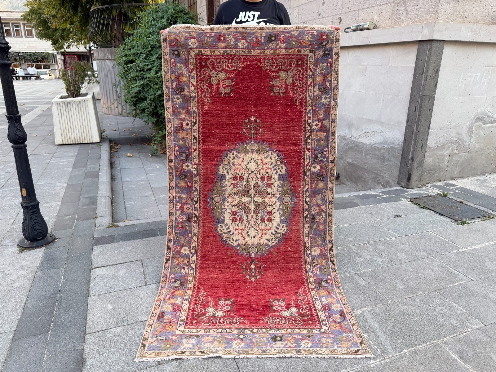 Vintage Guney Turkish Rug 3.3x6.6 ft Red Wool Oval Medallion Area Carpet