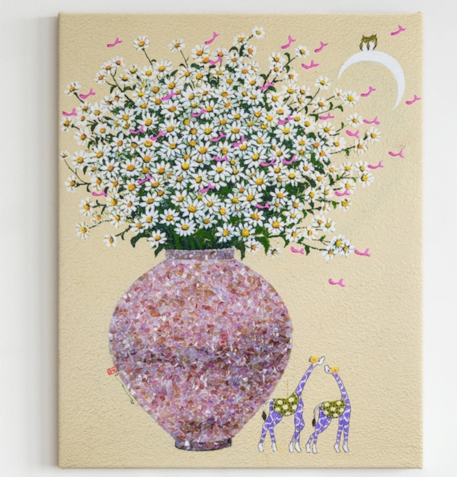 ​Korean Artist Jar Painting Mother of Pearl Wall Art Canvas B, 22X27.3cm 450g