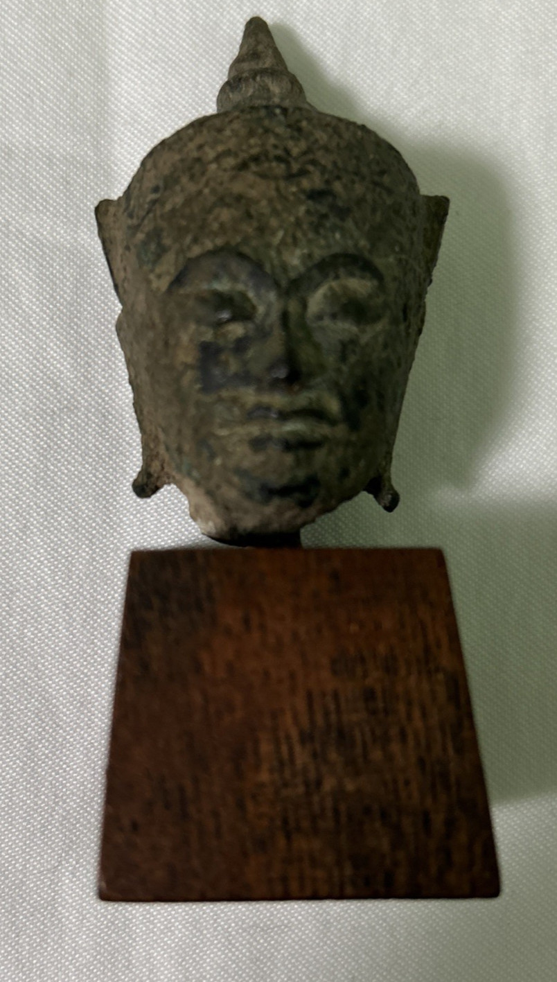 Antique 15th-18thC Thai Siam Bronze Buddha Head Statue Fragment Ayutthaya 2\