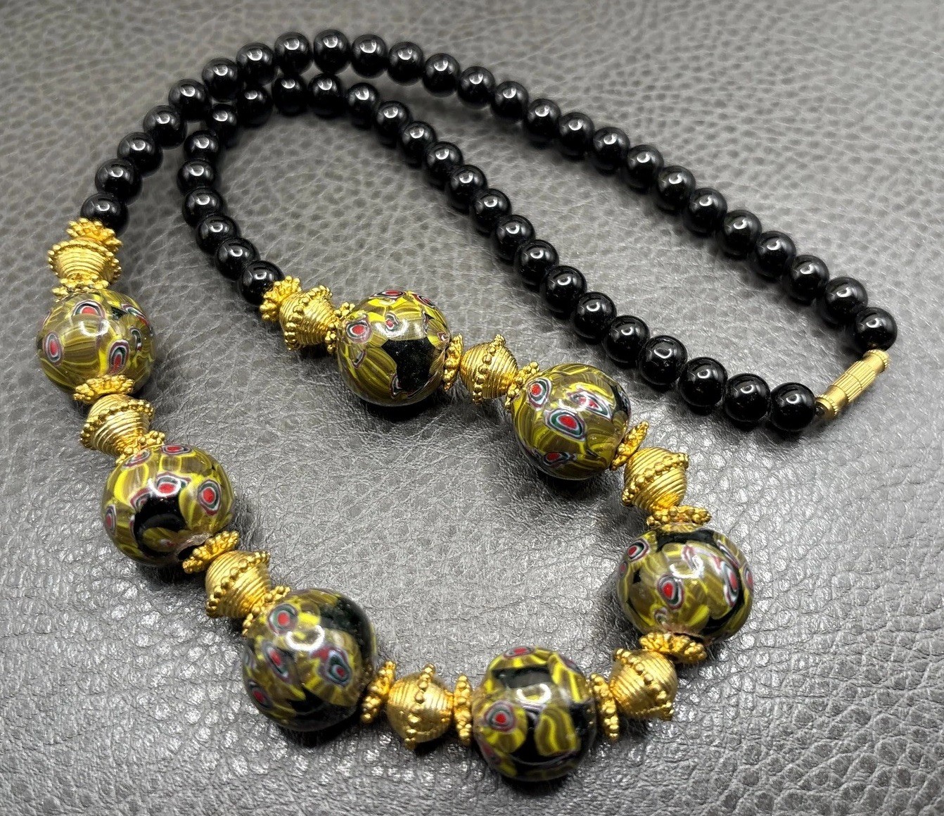 Vintage Millefiori Art Glass Molded Chunky Bead Necklace Black Gold Tone 24” Vintage Millefiori Art Glass Molded Chunky Bead Necklace Black Gold Tone 24”