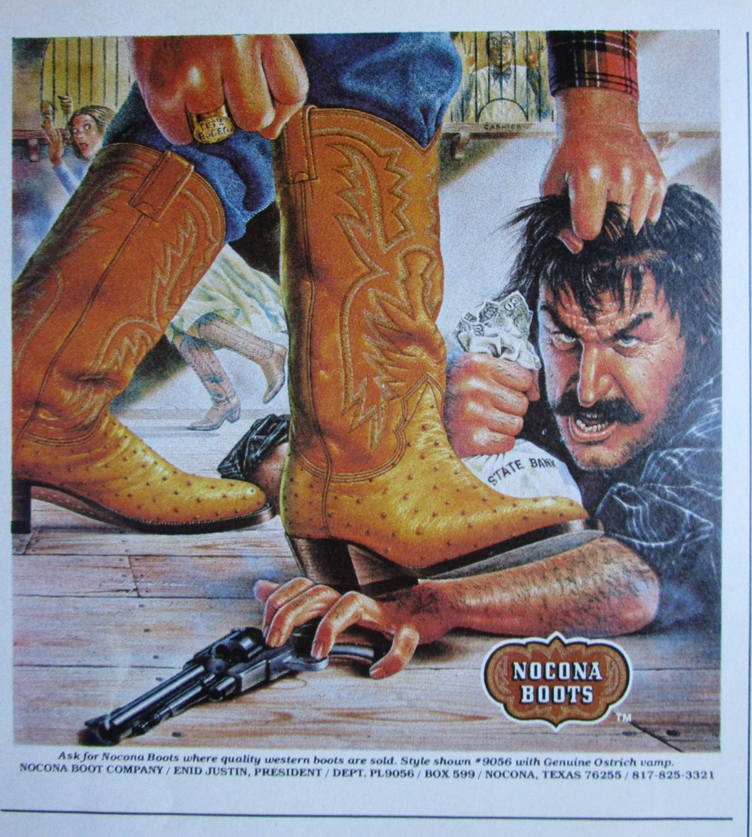 1980 NOCONA Western Cowboy Boots Print Ad ~ BANK ROBBER Outlaw w/ Alex Ebel Art 1980 NOCONA Western Cowboy Boots Print Ad ~ BANK ROBBER Outlaw w/ Alex Ebel Art