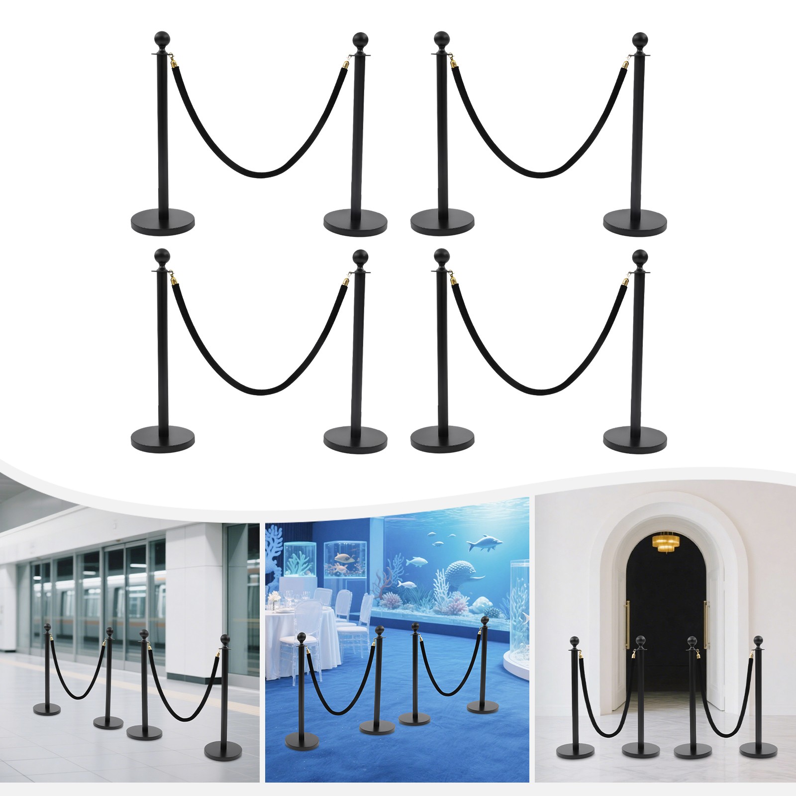 8PCS Black Stanchion Posts Queue Pole with 4 Velvet Ropes Crowd Control Barrier