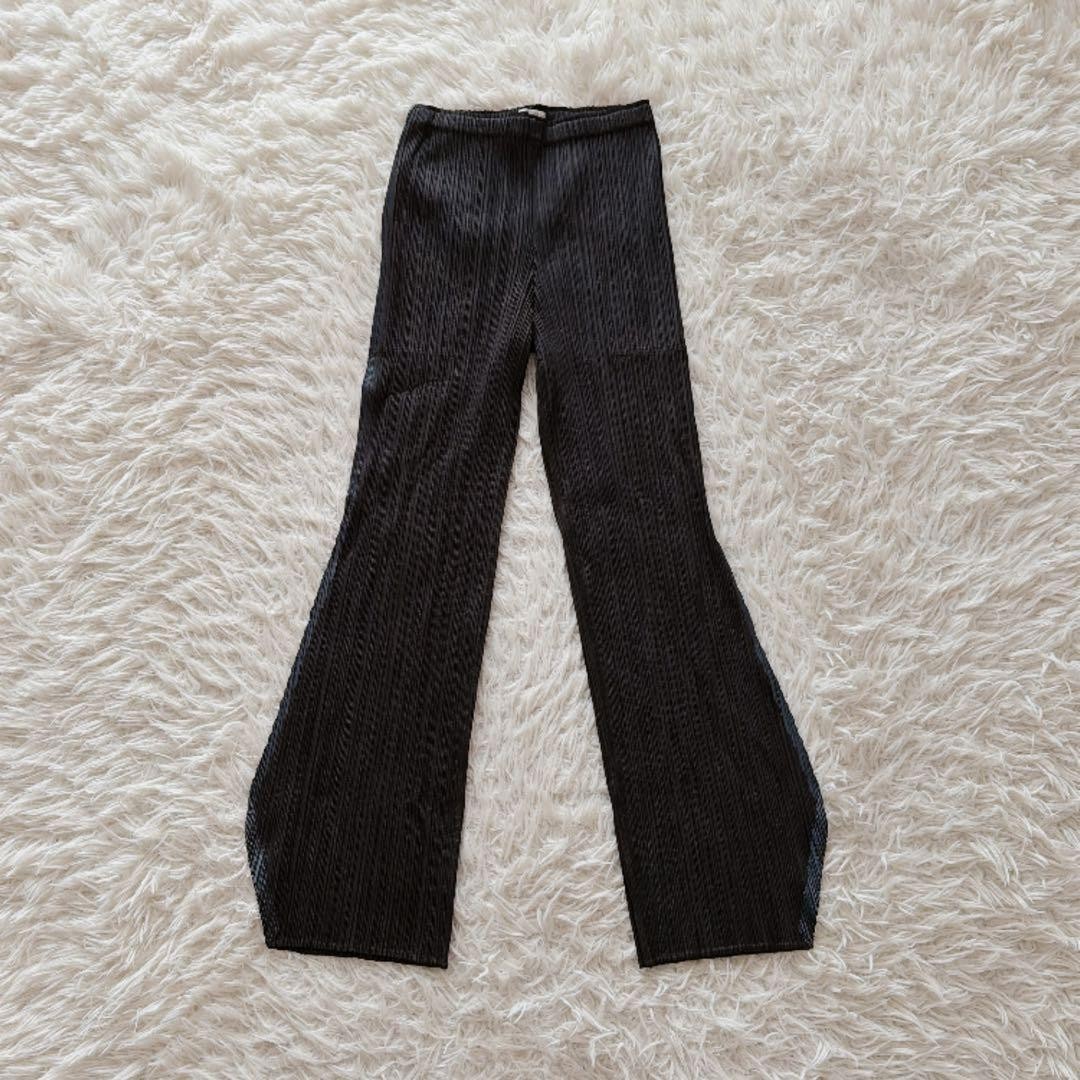 PLEATS PLEASE ISSEY MIYAKE Black Pleated Flare Pants Side Stripe Japan Size 1