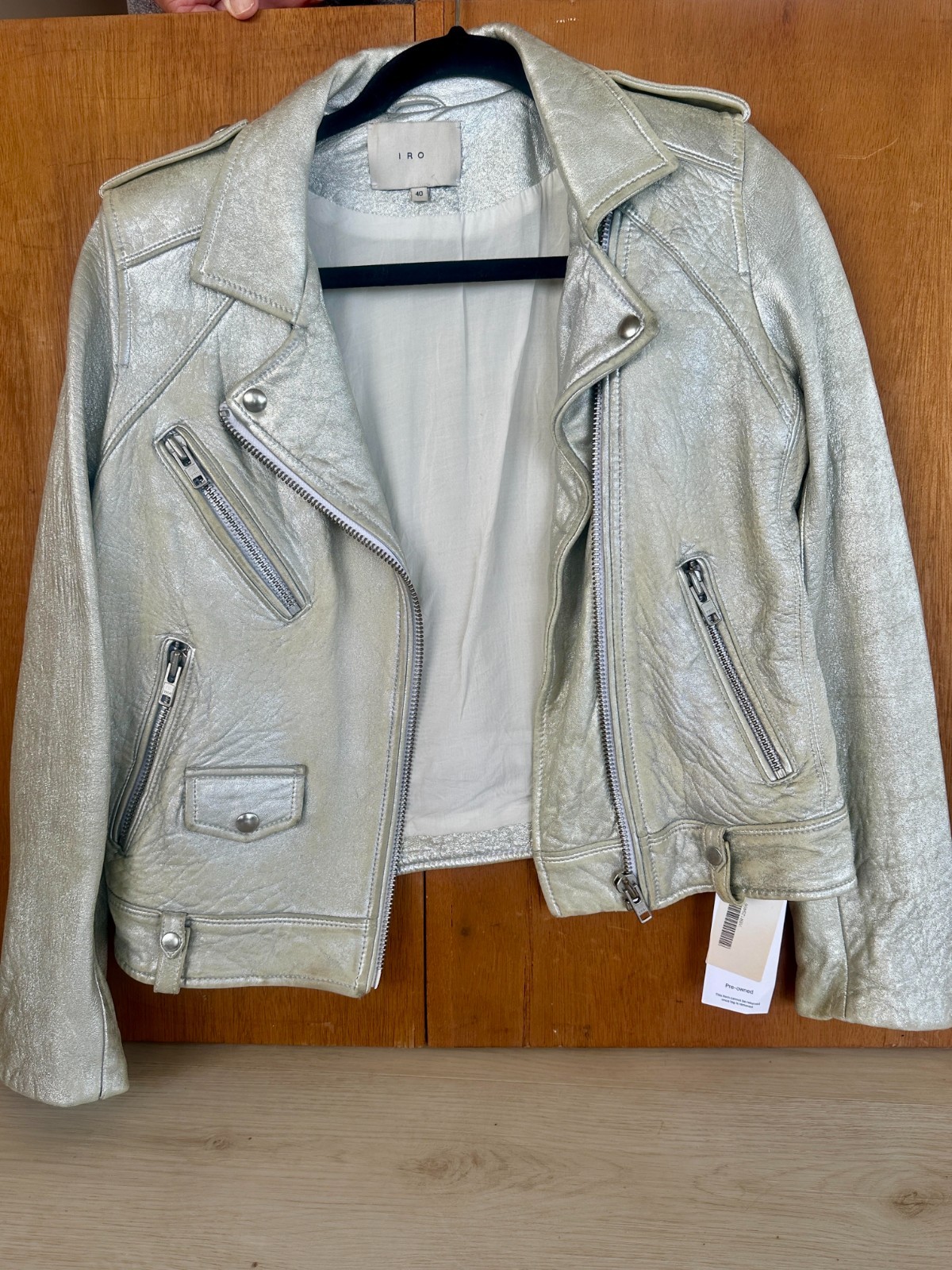 IRO Ebya Metallic Silver Lamb Leather Moto Jacket Womens Size 40 (European)