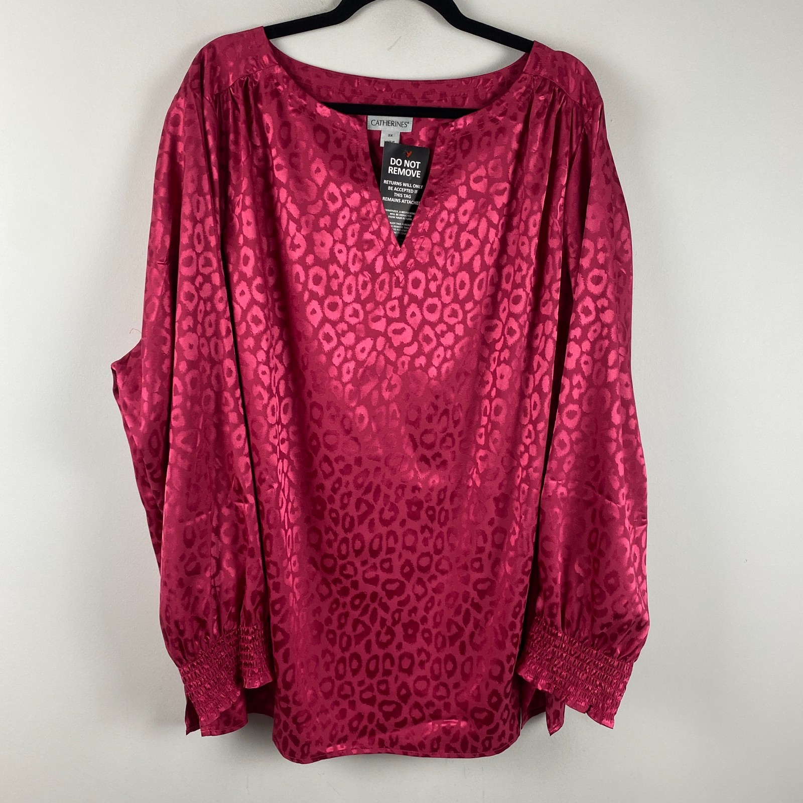 Catherines Satin Jacquard Peasant Blouse Size 3X Pink Animal Print Stretch