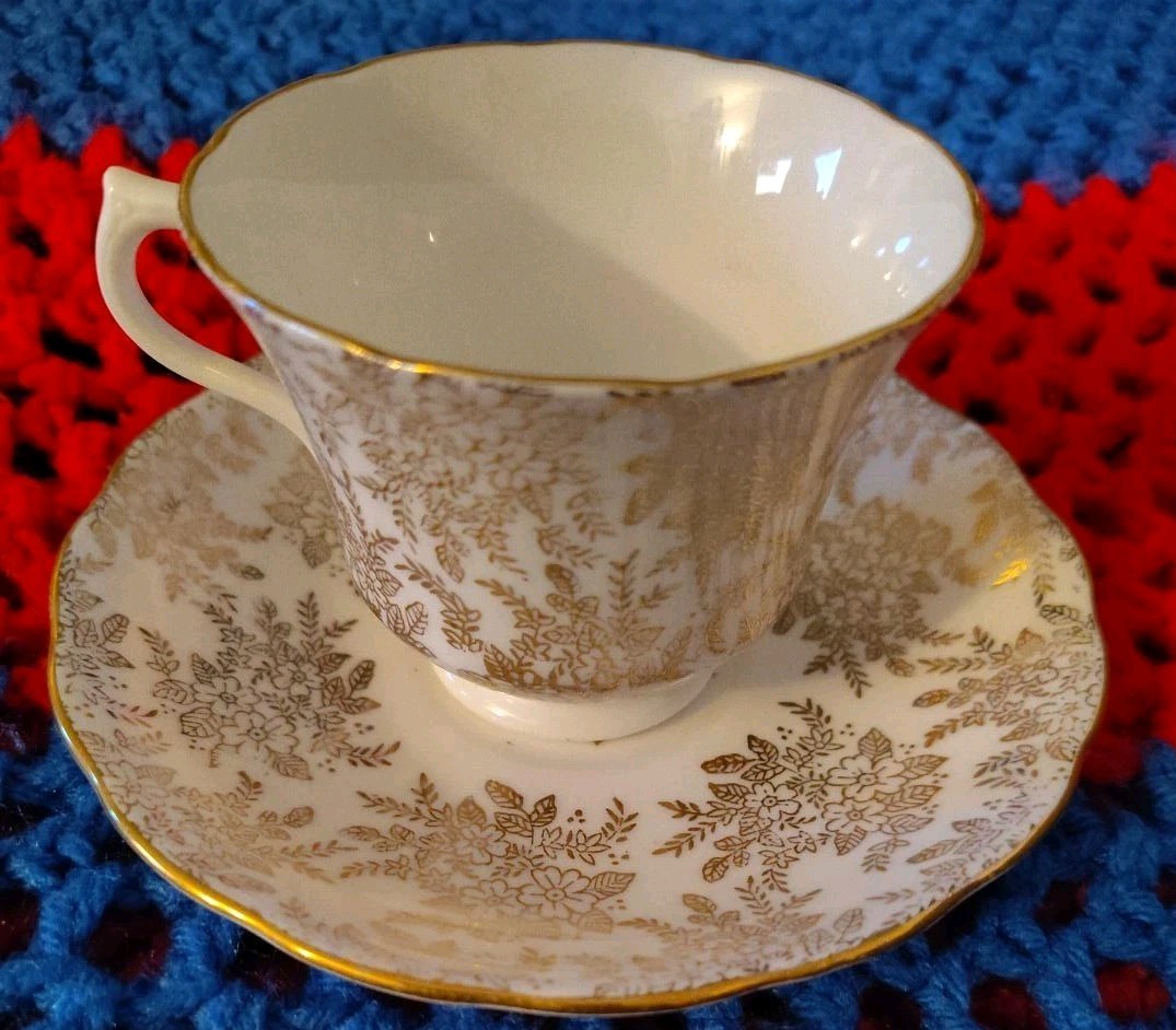 Vintage Royal Vale Bone China Teacup Saucer Set Gold Floral Chintz England