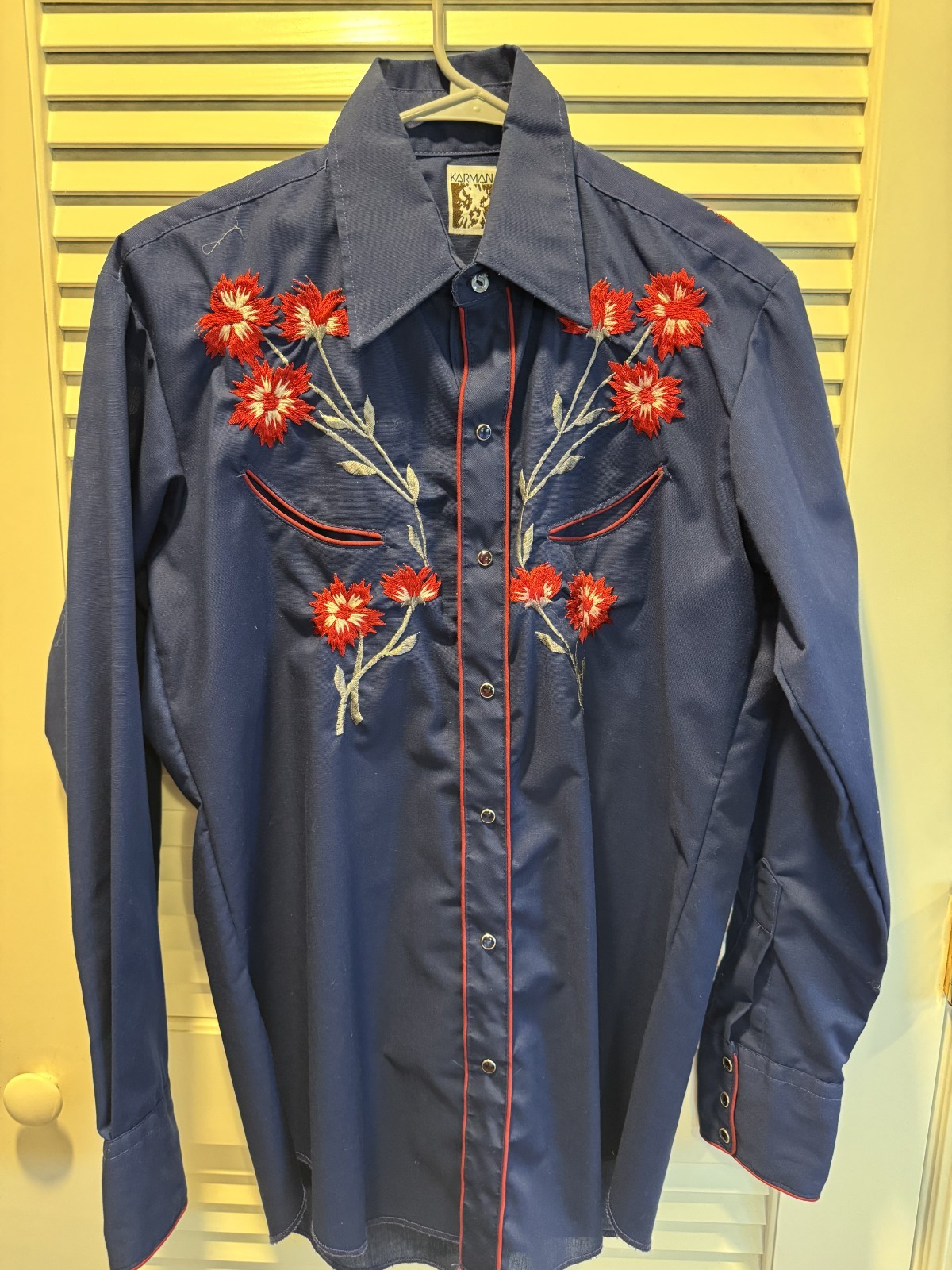 Vintage 70s Karman Western Shirt Blue Pearl Snap Embroidered Floral Mens L