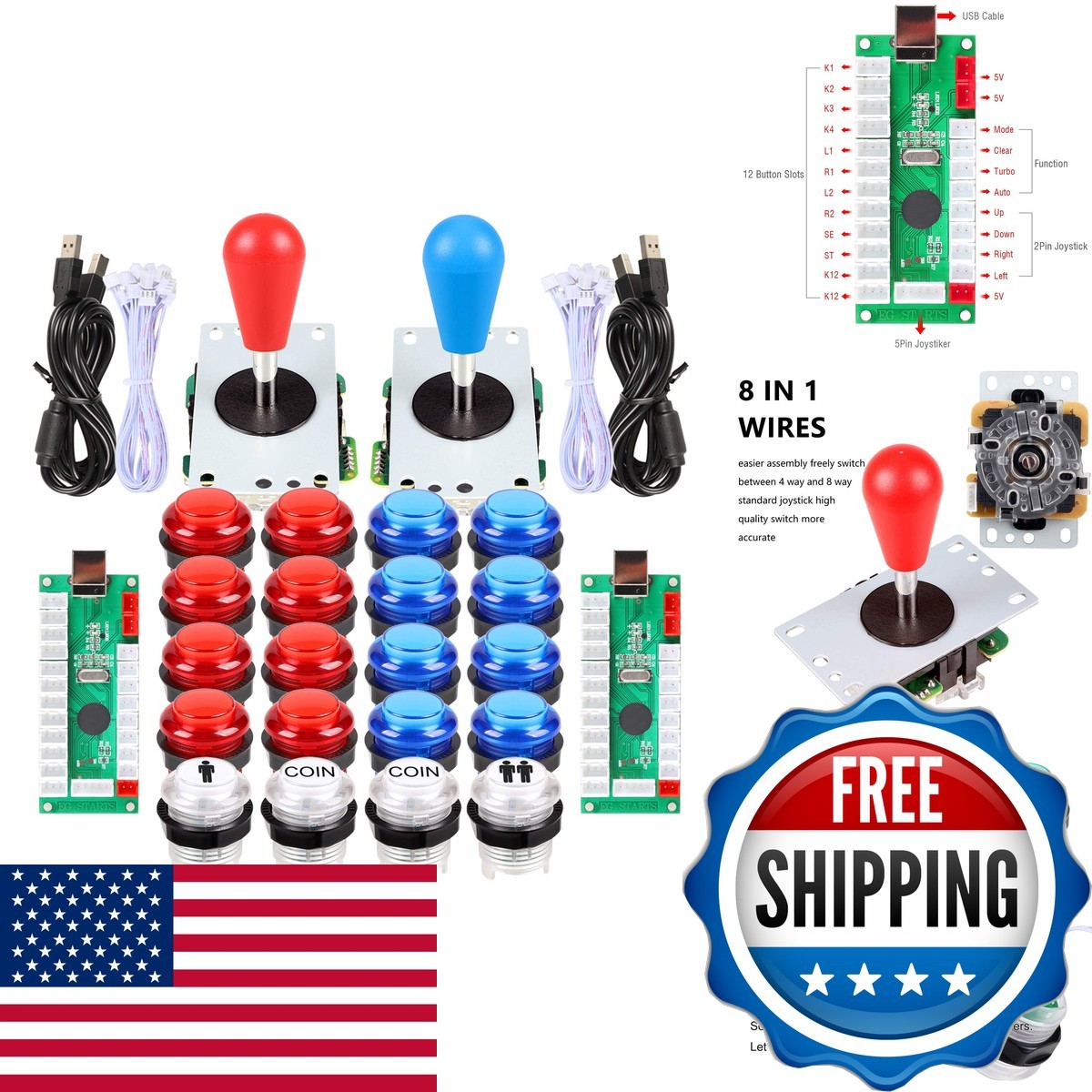 EG STARTS 2 Player Arcade DIY Kit - 2 Oval Joysticks + 20 LED Buttons (Red EG STARTS 2 Player Arcade DIY Kit - 2 Oval Joysticks + 20 LED Buttons (Red