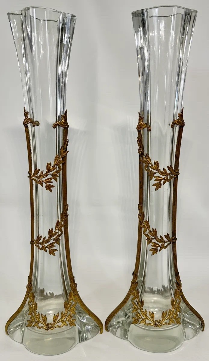 Pr French Empire Style Baccarat Era Glass Crystal Vases Gilt Bronze Ormolu