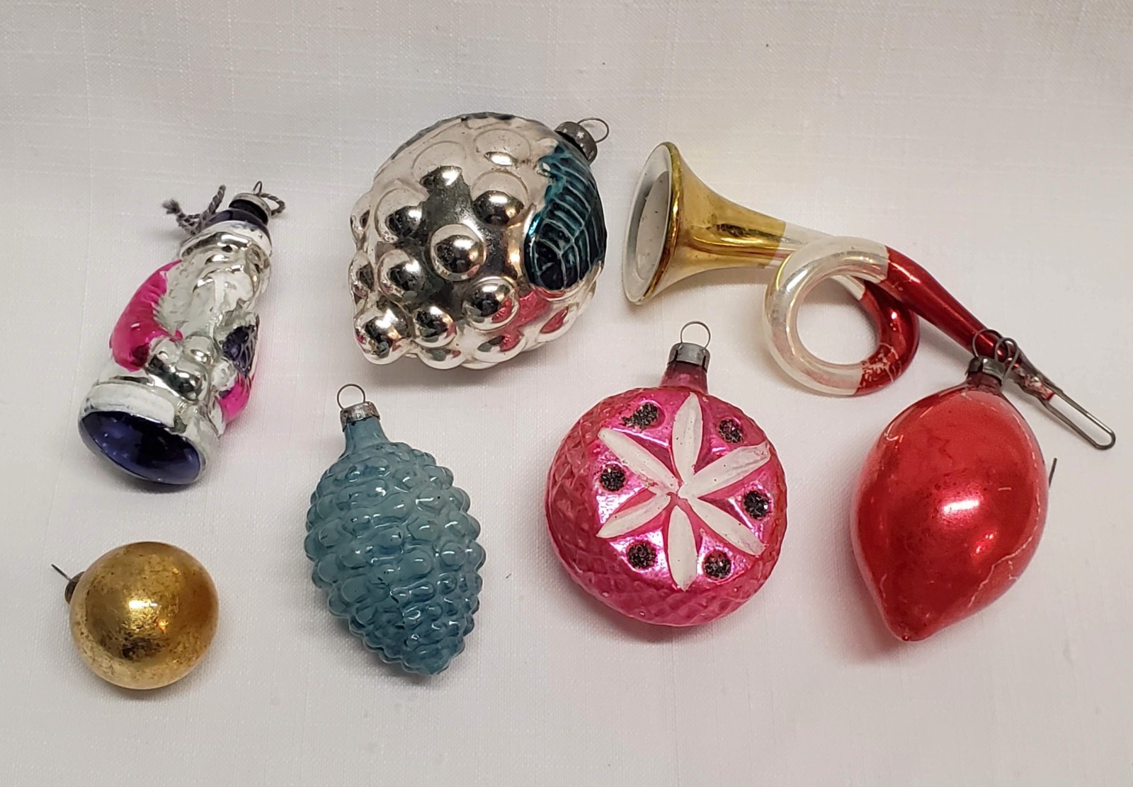 Vintage Glass Christmas Ornaments Lot of 7 Horn, Santa, Grapes, Flower Indent