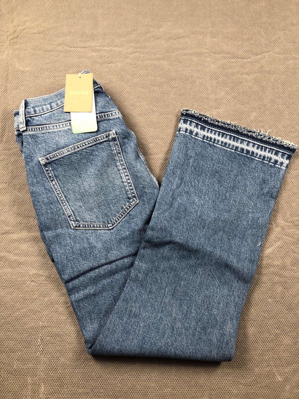 Boden Jeans Womens W28 L32 Blue Mid Rise Baby Kick Flare Fringe Hem Denim NWT