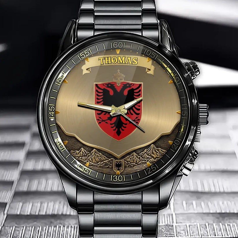 Personalized Proud Albania Coat Of Arms Black Stainless Steel Watch