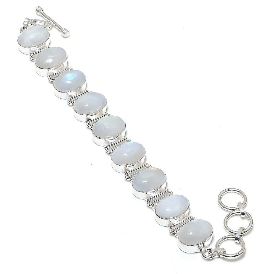 Natural Rainbow Moonstone Gemstone 925 Sterling Silver Jewelry Bracelet Sz 7-8\ Natural Rainbow Moonstone Gemstone 925 Sterling Silver Jewelry Bracelet Sz 7-8\
