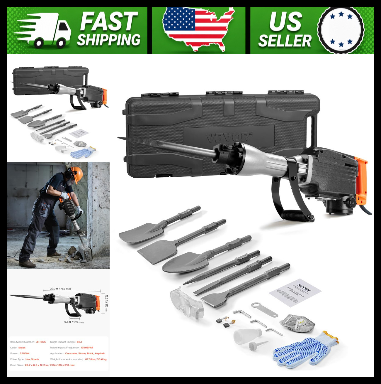 VEVOR 2200W Electric Demolition Jackhammer Concrete Breaker w/ 6 Chisels VEVOR 2200W Electric Demolition Jackhammer Concrete Breaker w/ 6 Chisels