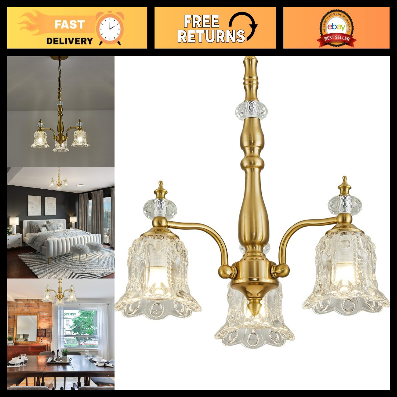 Elegant Vintage 3-Light Gold Chandelier, Glass Pendant Light Fixture, Home Decor