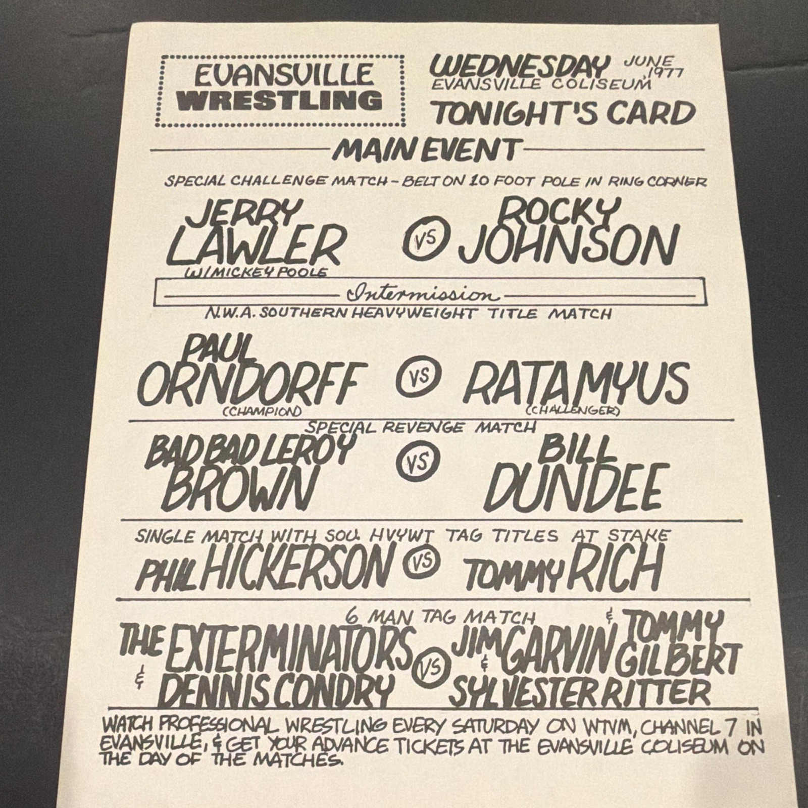 Vintage 1977 Evansville Wrestling Card Program Lawler Orndorff Tommy Rich NWA