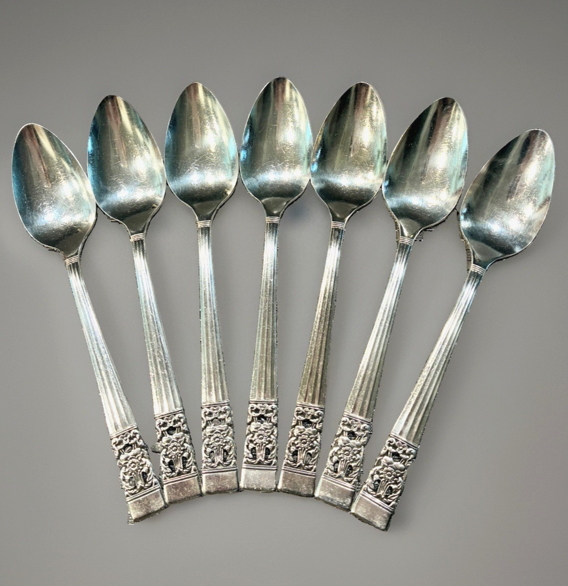 7 Vtg Coronation Teaspoons-Oneida Community Silverplate Art Deco Floral Design 7 Vtg Coronation Teaspoons-Oneida Community Silverplate Art Deco Floral Design