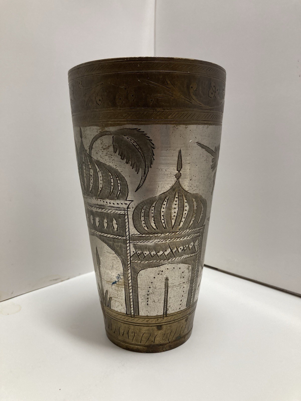 Vintage Indian Brass Lassi Cup Silver Plated Engraved Mughal Tumbler Glass