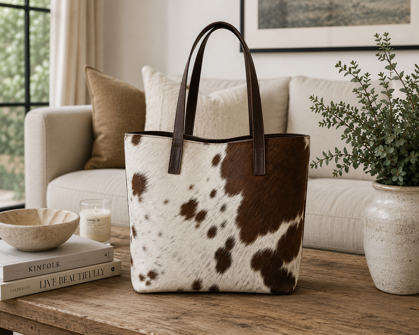 Genuine Cowhide Leather Tote Bag Handmade Hair On Hide Shoulder Handbag Brown
