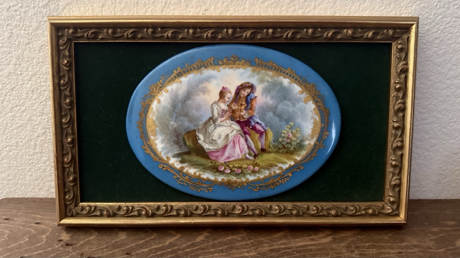 Antique Hand Painted Porcelain Plaque Courting Scene Velvet Ornate Frame