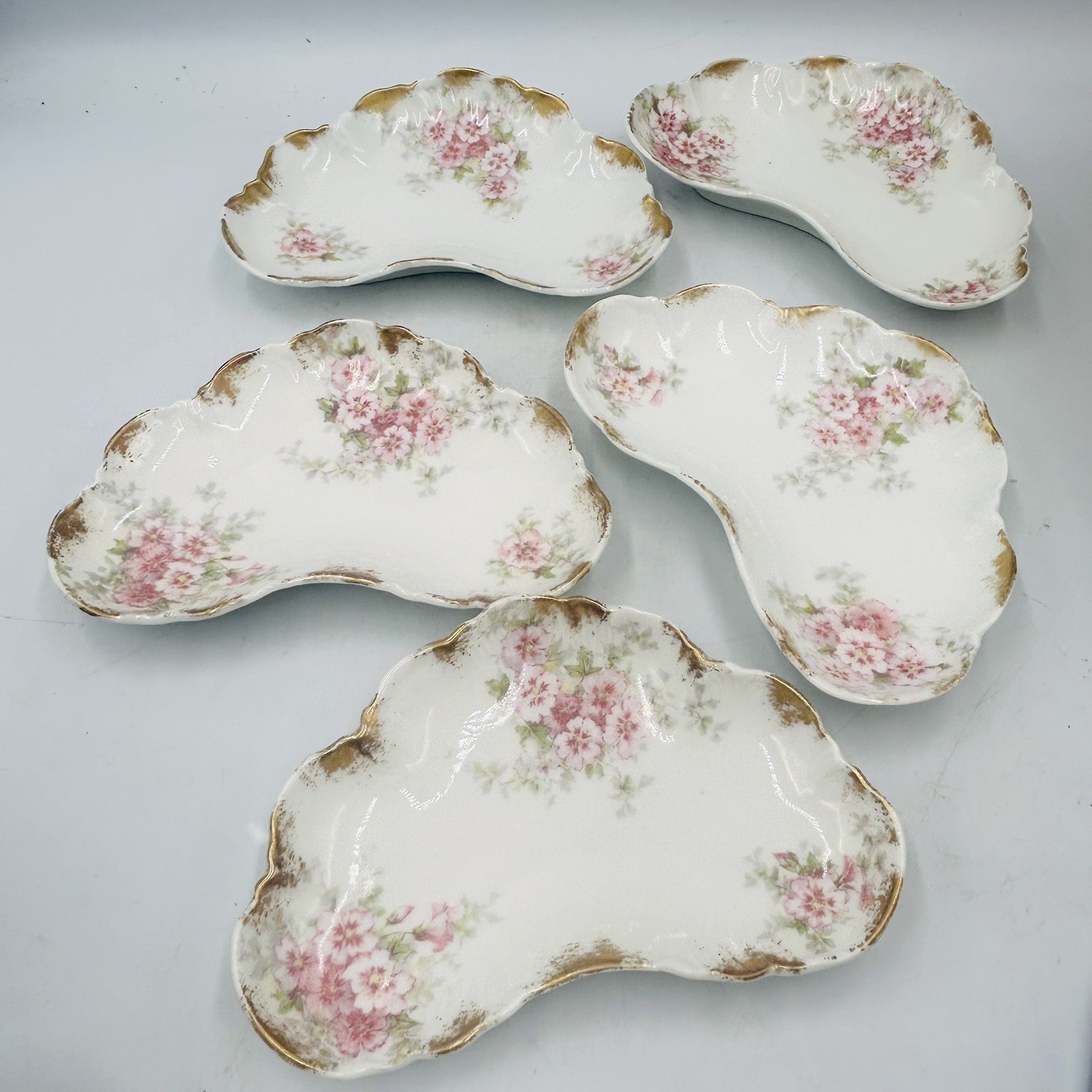5 Charles field Haviland Limoges GDA crescent Bone Dish Gold Pink Flowers 