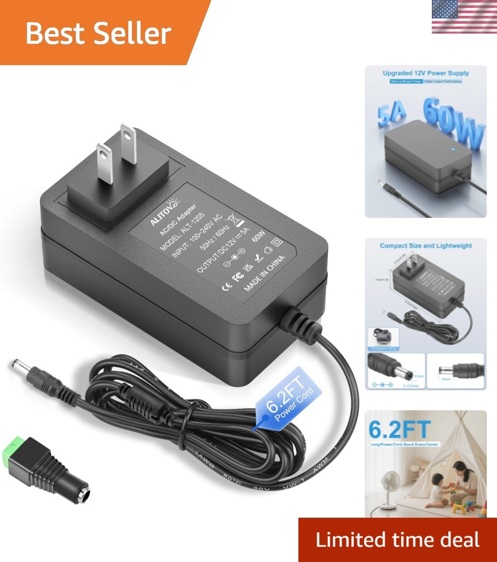 Versatile 12V 5A Power Adapter with Long Cord - Perfect for Home & Office Gear